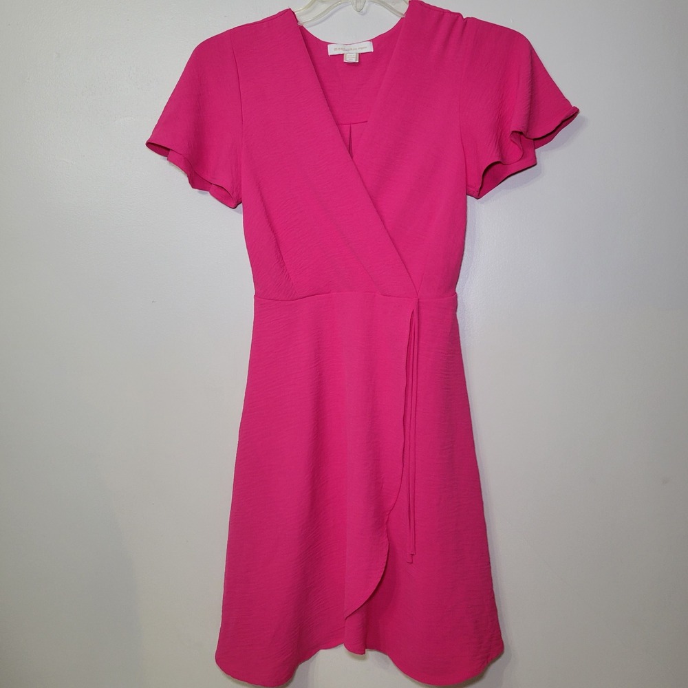 Monteau Los Angeles Hot Pink Faux Wrap Mini Dress Flutter Sleeve XS Fuchsia